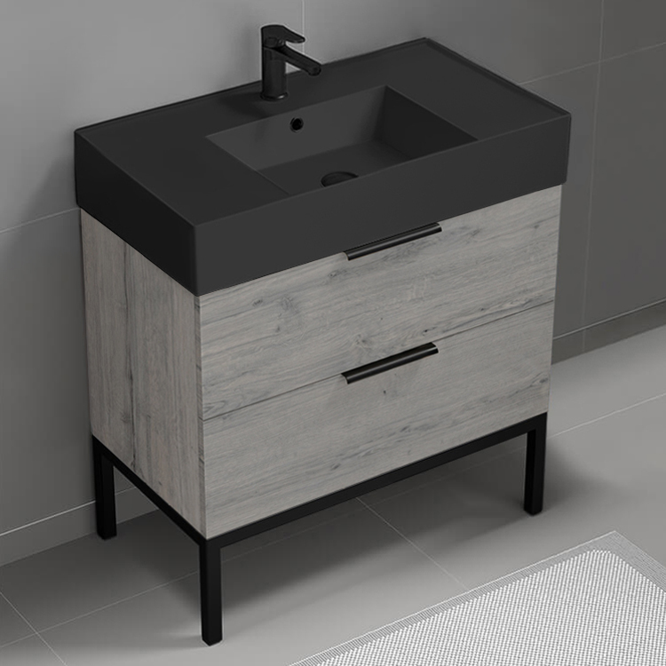 Nameeks DERIN631 Grey Oak Bathroom Vanity With Black Sink, Floor Standing, 32 Inch, Modern